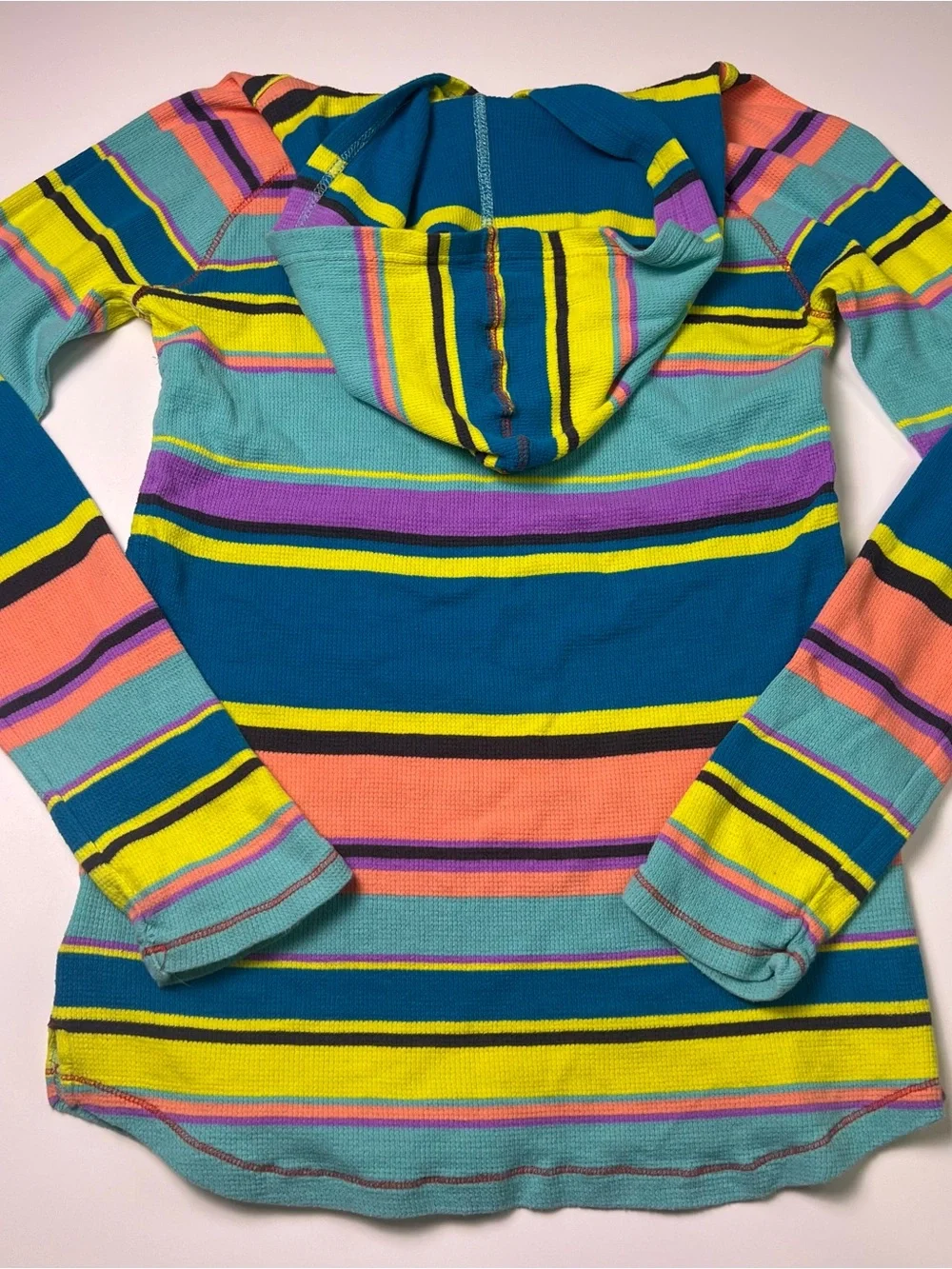 VTG Nike Y2K Neon Striped Waffle Knit Thermal Hoodie Pullover Girls L Women XS/S